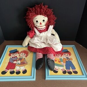RAGGEDY ANN Doll 20"‎ & Matching Framed Art Set of 2 Vintage-Style Nursery Decor